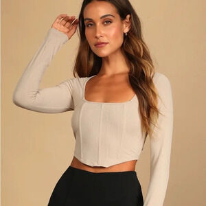 Lulus Flair for the Flirty Beige Ribbed Long Sleeve Bustier Crop Top medium